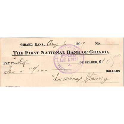 1909 First National Bank of Girard Kansas Bank Check AD8-R3