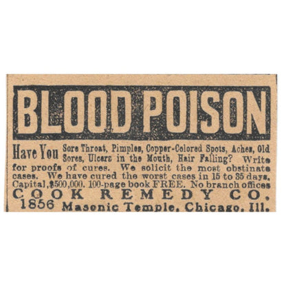 Blood Poison Cook Remedy Co Chicago IL Hartford 1901 Newspaper Ad AD8-HS9
