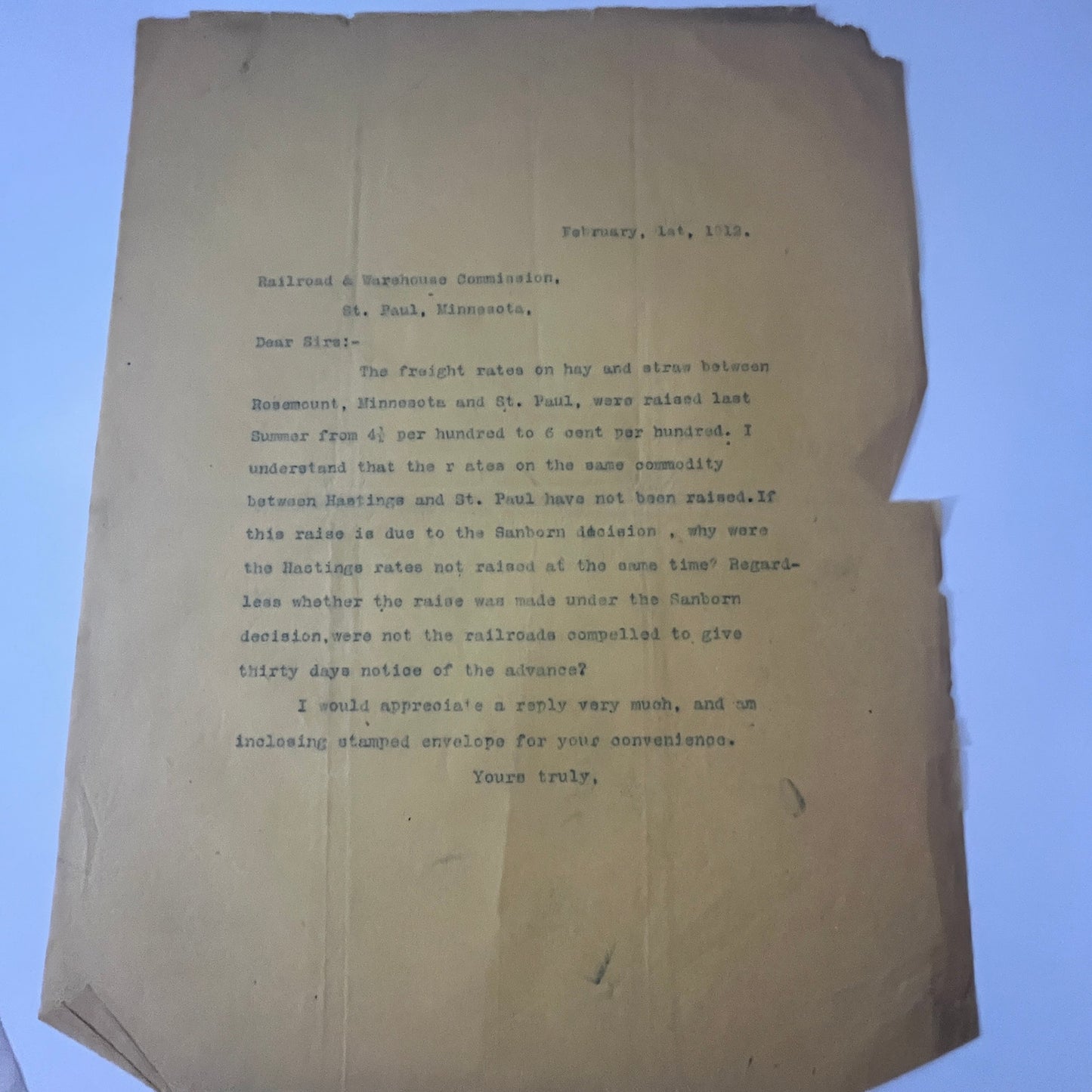 1912 Letter from Thomas Yapp, Minnesota Railroad & Warehouse Commission K22
