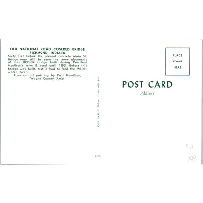 Old National Road Bridge Richmond IN Vintage Covered Bridge Postcard PC16