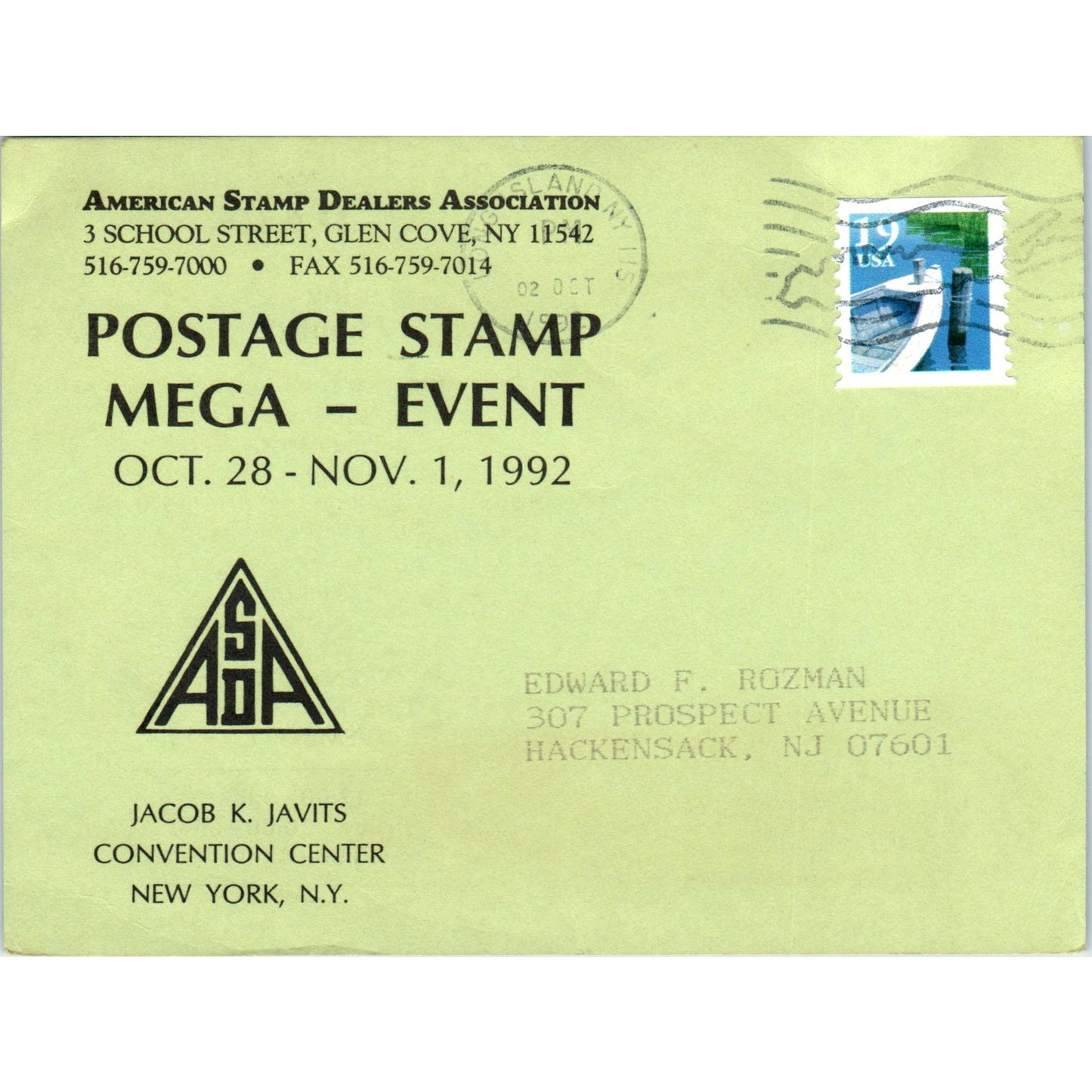 1992 ASDA Postage Stamp Convention Jacob K Javits NY Advertising Postal Card PD7