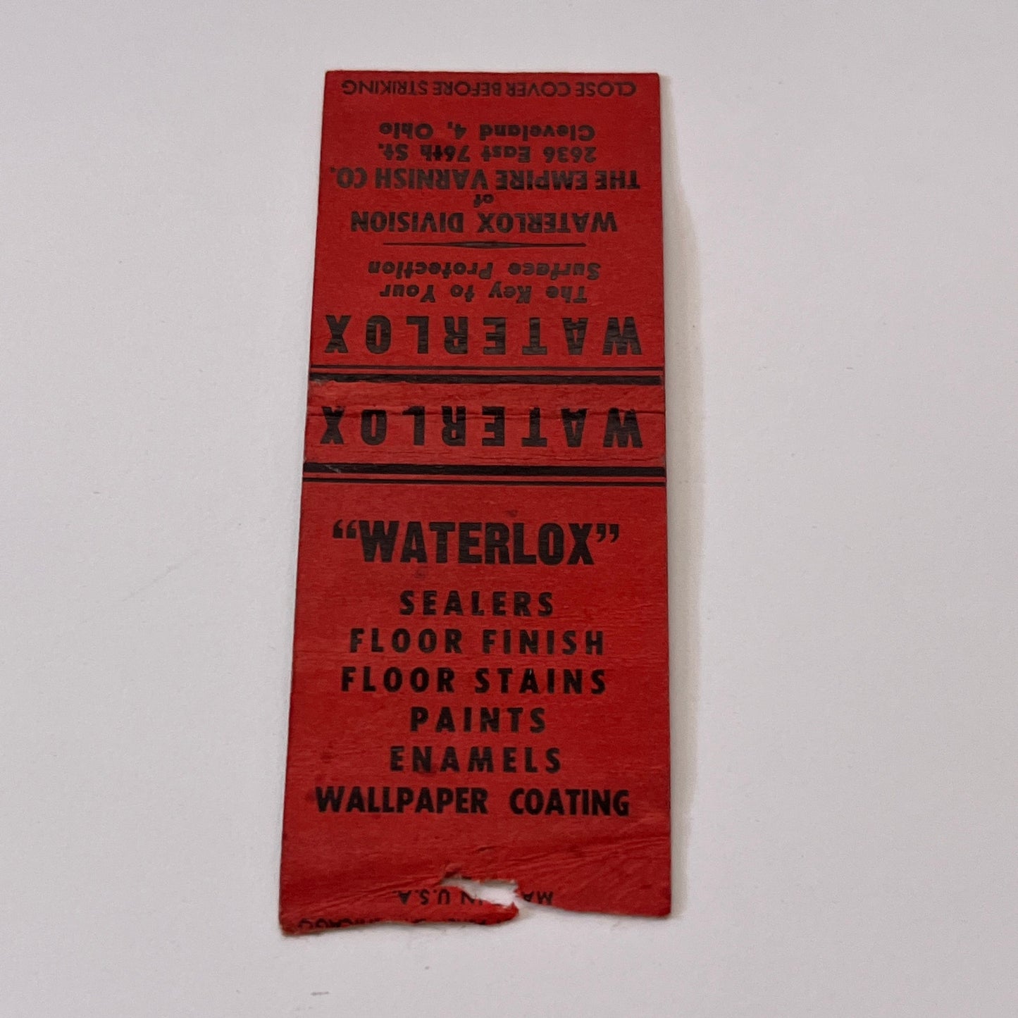The Empire Varnish Co Cleveland OH Waterlox Vintage Matchbook Cover TB6-MB1-15