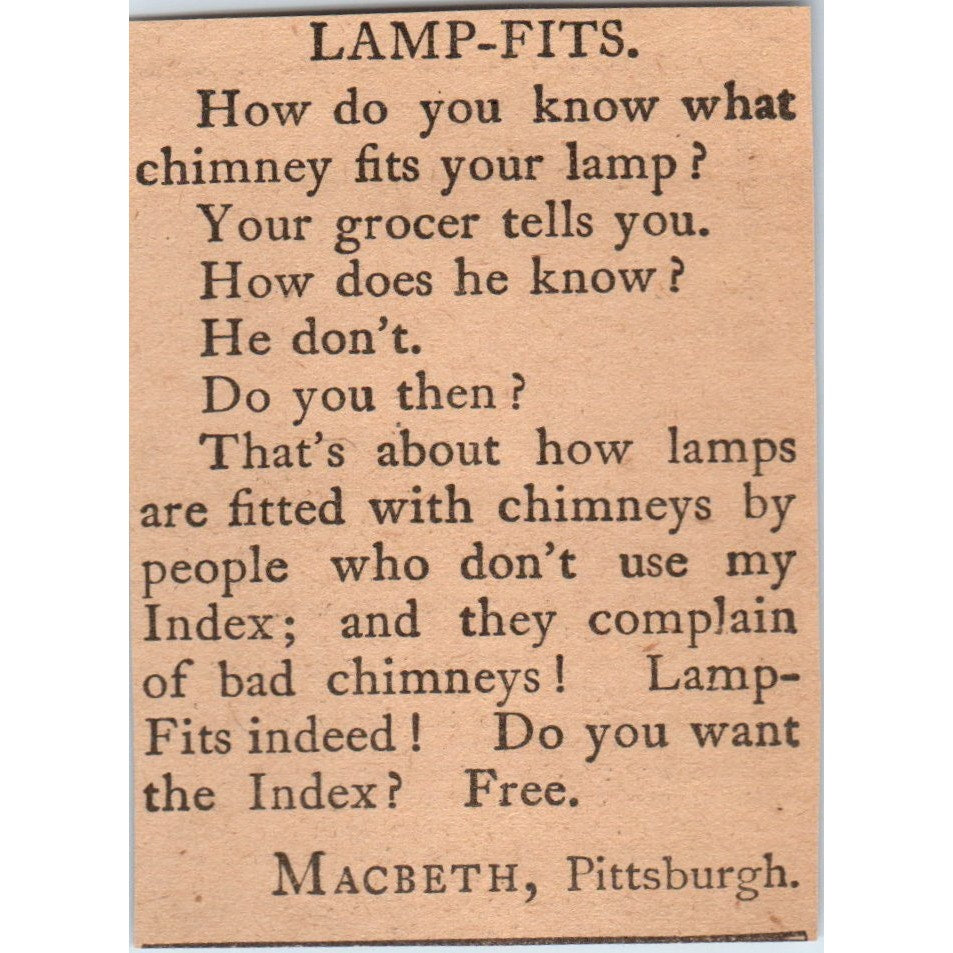 Lamp-Fits Chimneys Macbeth Pittsburgh 1905 Magazine Ad AF1-NH3