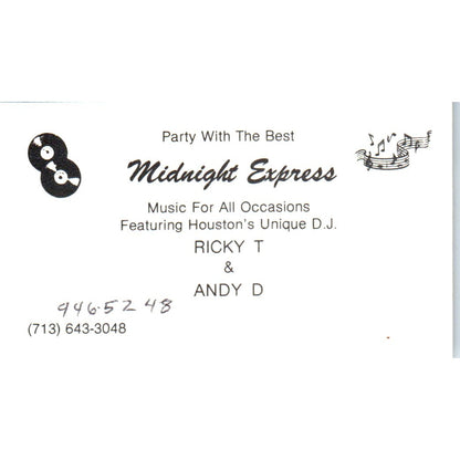 Midnight Express DJ Ricky T and Andy D Houston TX Vintage Business Card SD8-B12