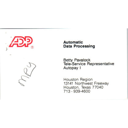Betty Pavalock ADP Automatic Data Processing Houston Vtg Business Card SD8-B16