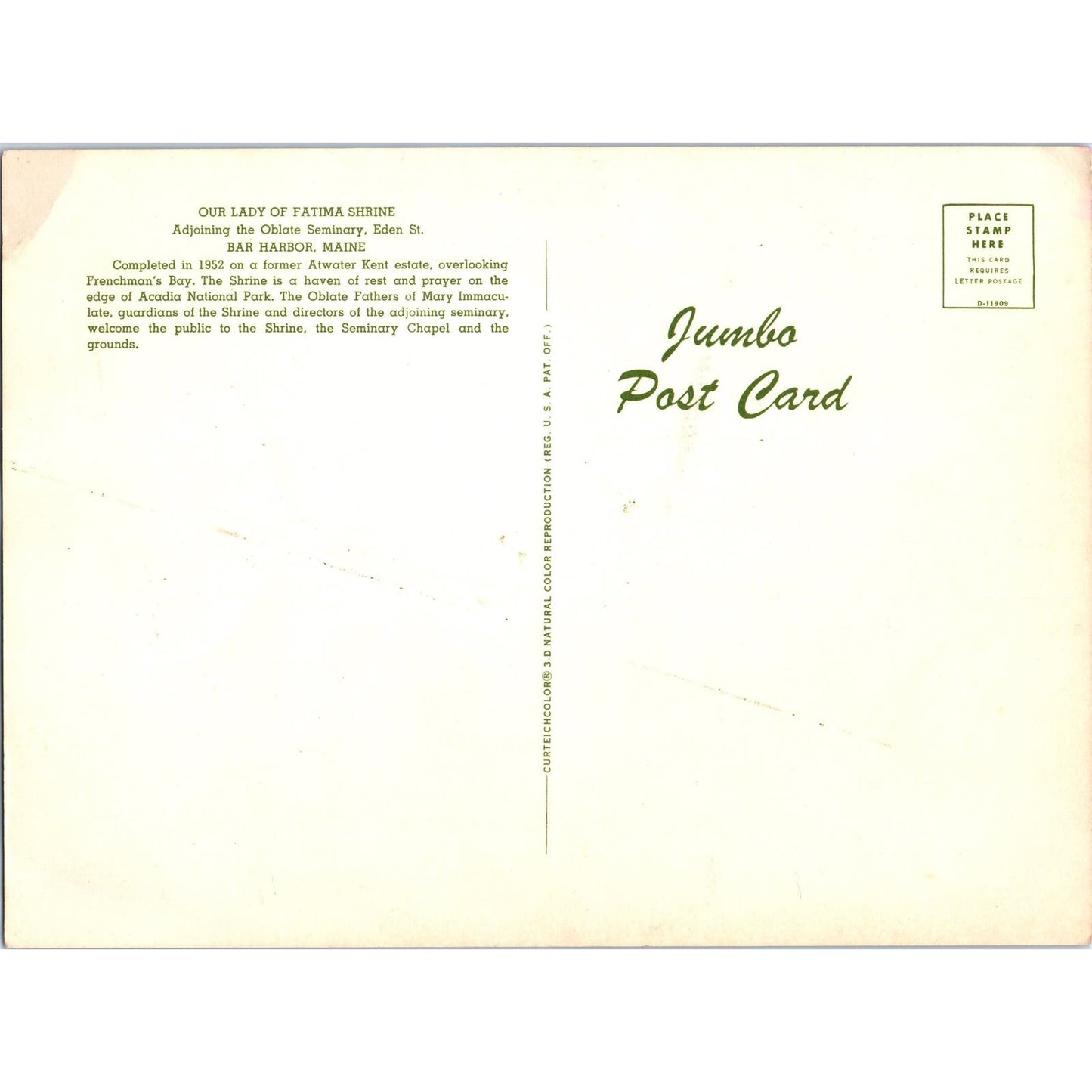 Our Lady of Fatima Shrine Bar Harbor Maine Jumbo Vintage Postcard AE9-X3