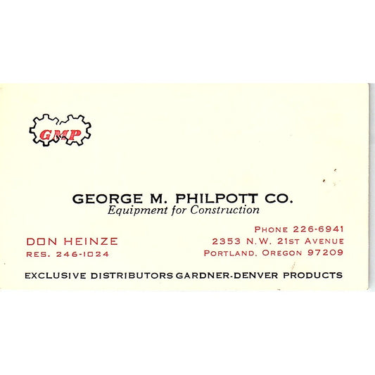 George M Philpott Co Construction Don Heinze Portland OR Business Card SD9-B3