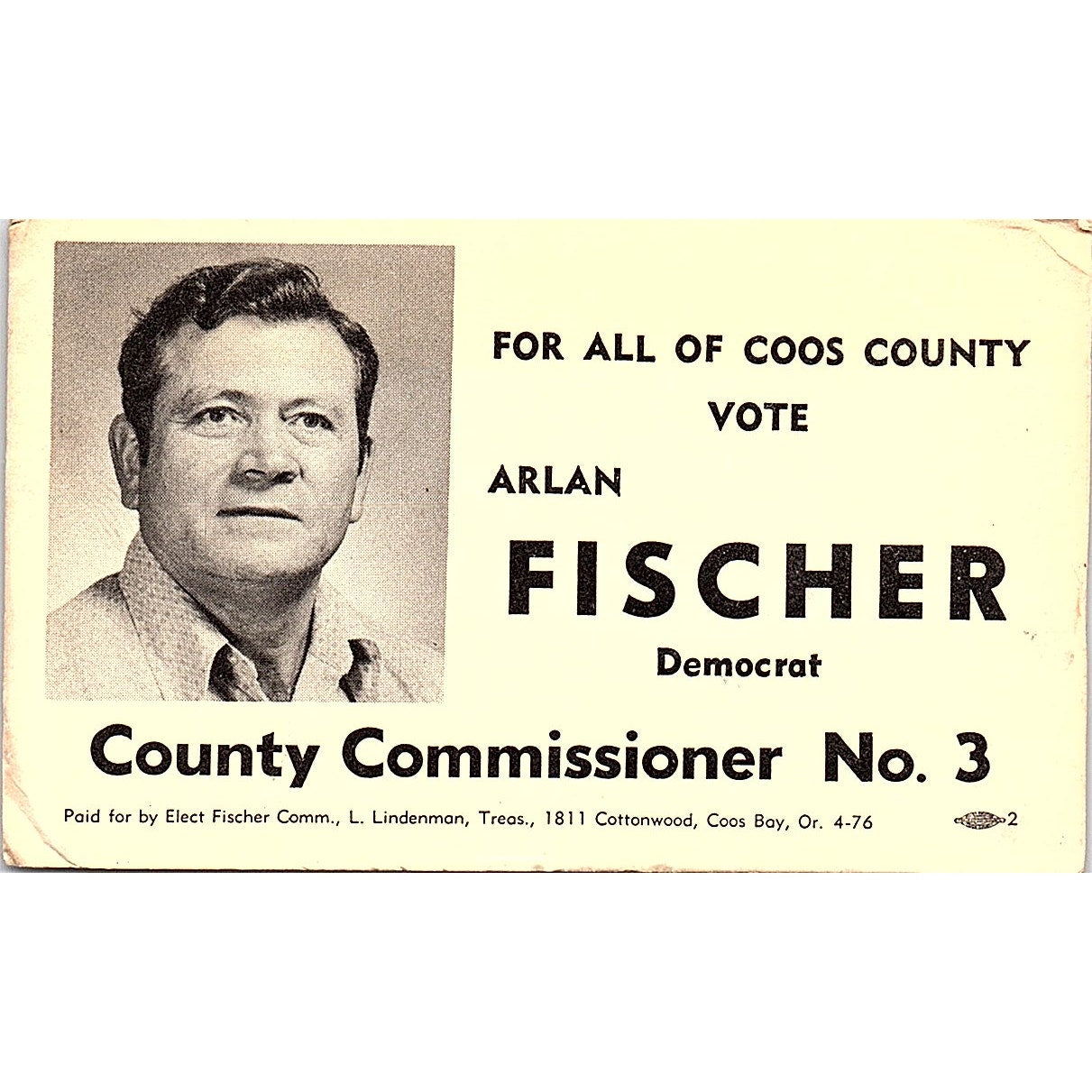 Arlan Fischer Democrat County Commissioner No.3 Coos Bay OR Business Card TH2-B1