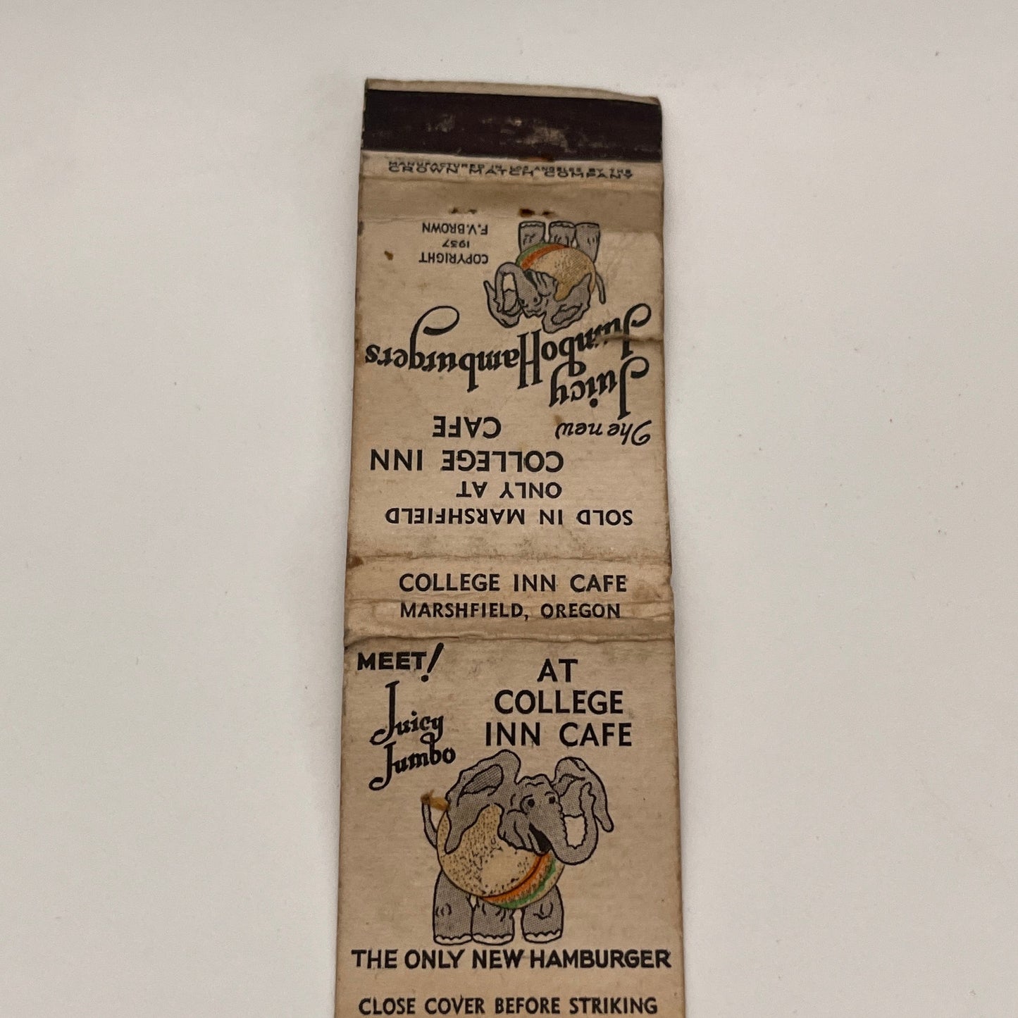 College Inn Cafe Jumbo Hamburgers Marshfield OR Vintage Matchbook TB6-MB2-15