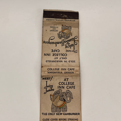 College Inn Cafe Jumbo Hamburgers Marshfield OR Vintage Matchbook TB6-MB2-15