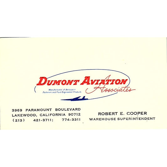 Dumont Aviation Robert E Cooper Lakewood CA Vintage Business Card SE3-B16