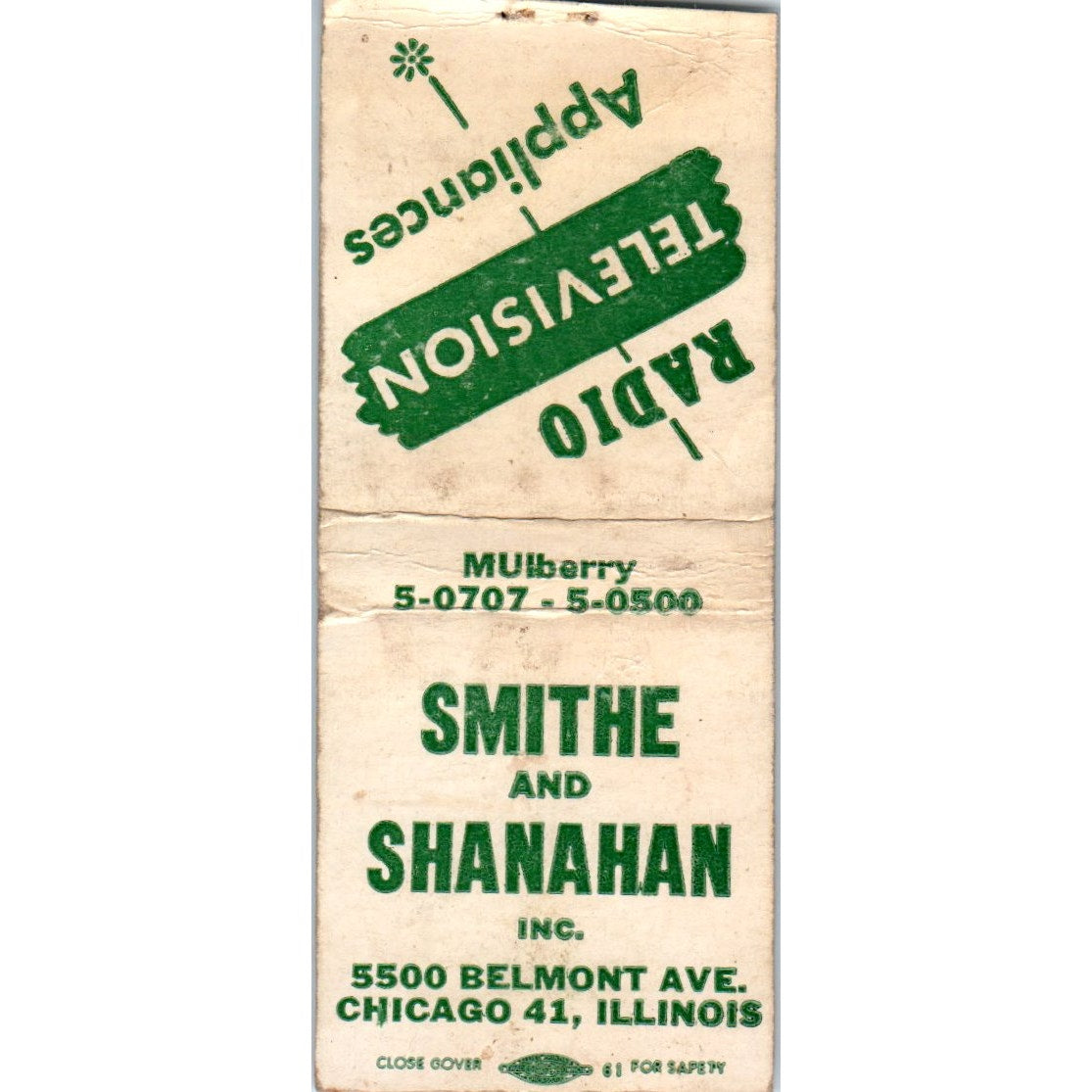 Smithe & Shanahan Radio TV Appliances Chicago Vintage Matchbook Cover SD2-Y15