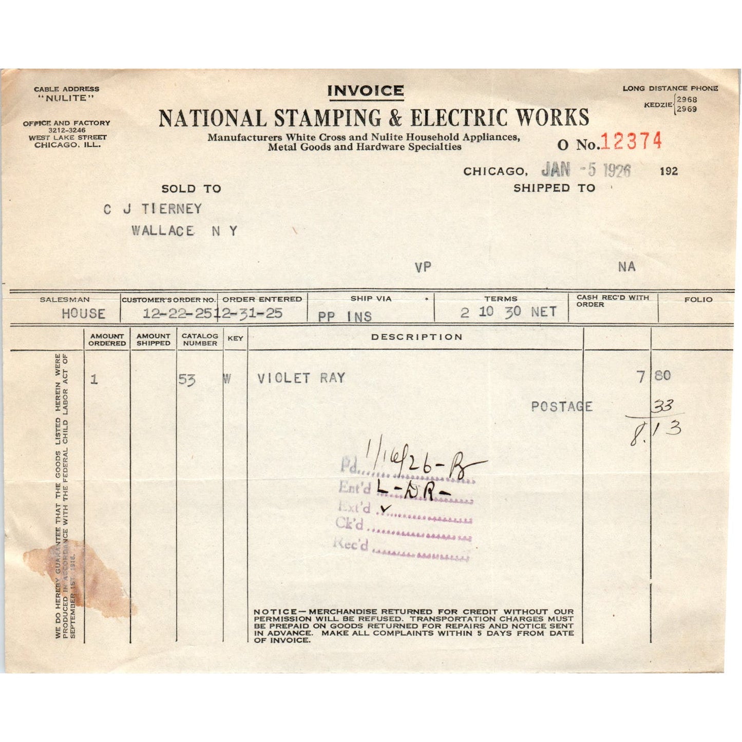 1926 National Stamping & Electric Works Chicago Billhead Letterhead D17