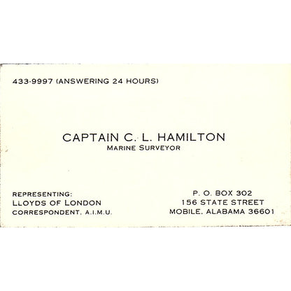 Capt C.L. Hamilton Lloyds of London Mobile AL Vintage Business Card SC9-B2