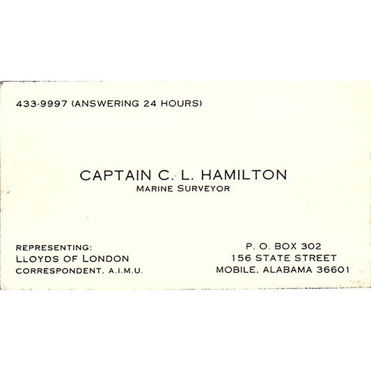 Capt C.L. Hamilton Lloyds of London Mobile AL Vintage Business Card SC9-B2
