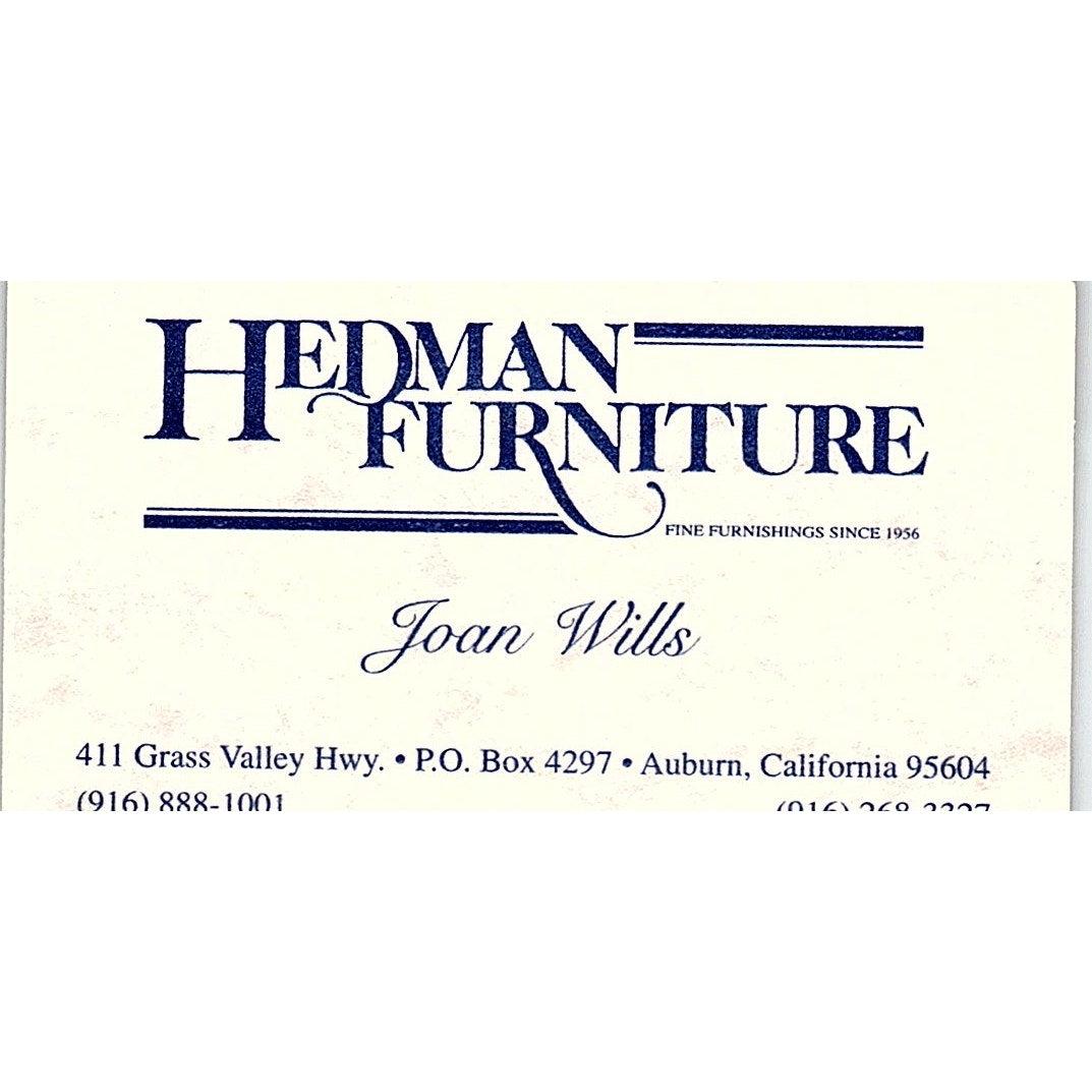 Hedman Furniture Joan Wills Auburn CA Vintage Business Card SC9-B1