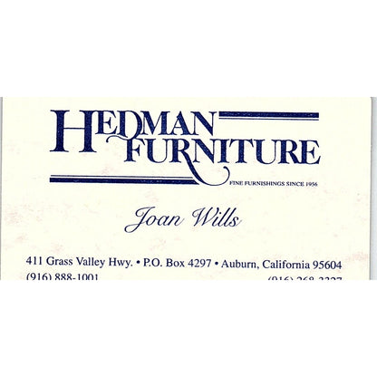 Hedman Furniture Joan Wills Auburn CA Vintage Business Card SC9-B1