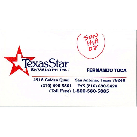 TexasStar Envelope Inc Fernando Toca San Antonio Vintage Business Card SC9-B10