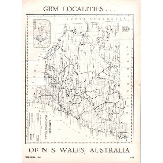 Map of Gem Localities of N.S. Wales Australia 1964 Magazine Clip AB6-D18