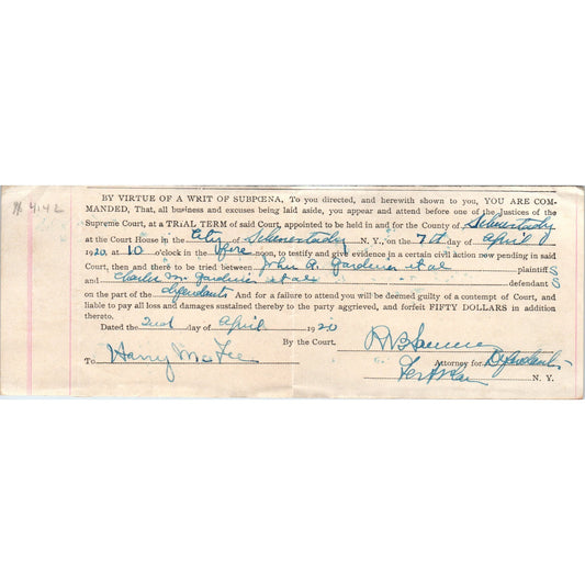 1920 Schenectady NY Writ of Subpoena to Appear at Trial Harry McLee AB6-OD1