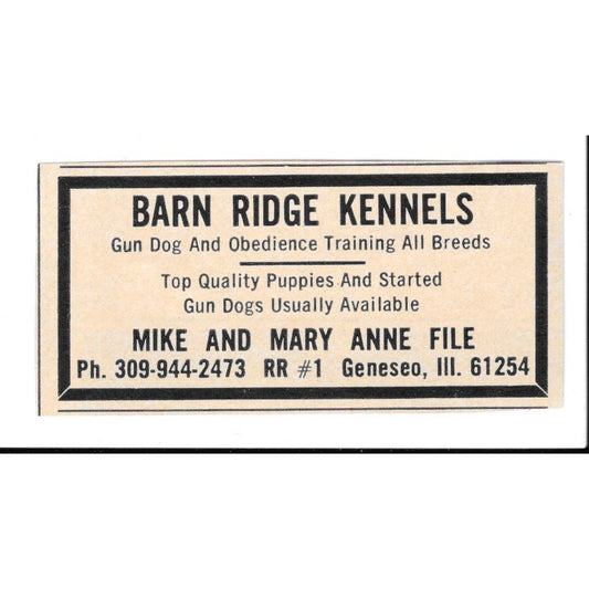Barn Ridge Kennels Mike & Mary File Geneseo IL 1977 Ad AF6-S1