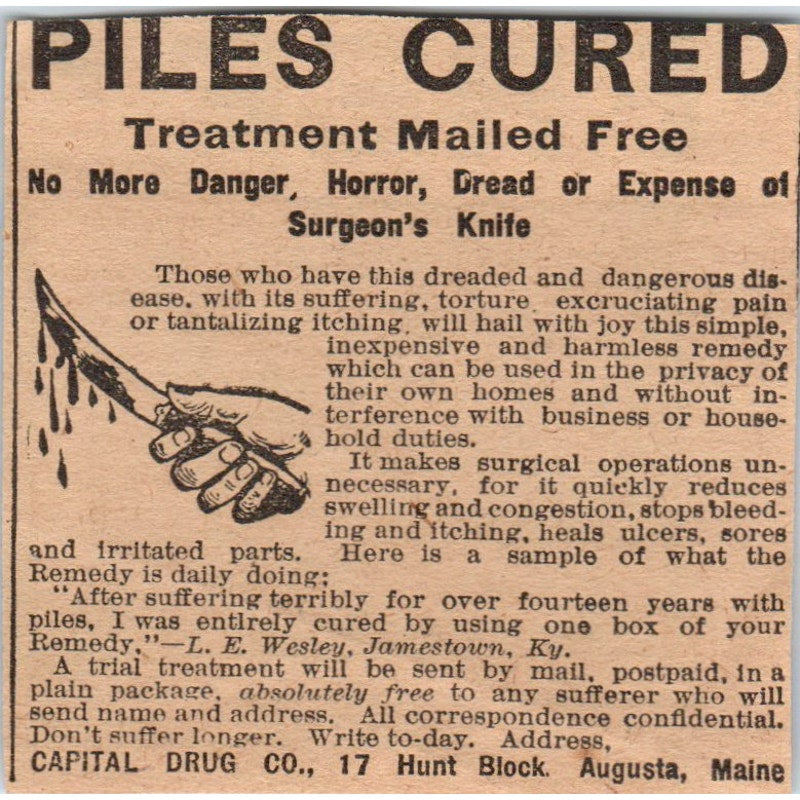 Piles Cured Capital Drug Co Augusta Maine 1910 Magazine Ad AF1-CM2