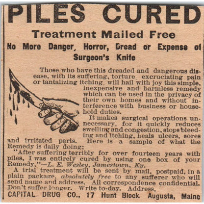 Piles Cured Capital Drug Co Augusta Maine 1910 Magazine Ad AF1-CM2
