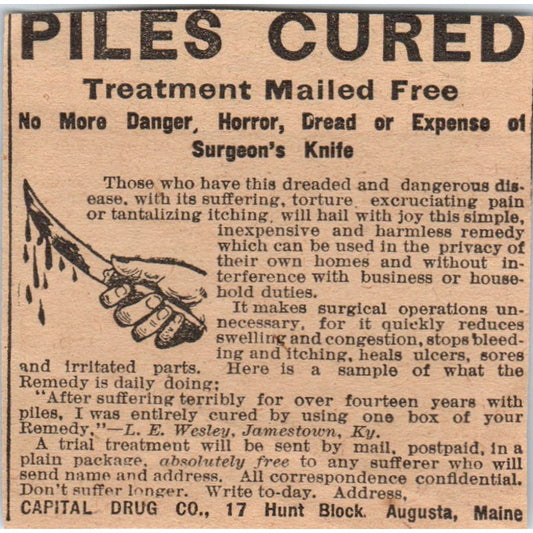 Piles Cured Capital Drug Co Augusta Maine 1910 Magazine Ad AF1-CM2