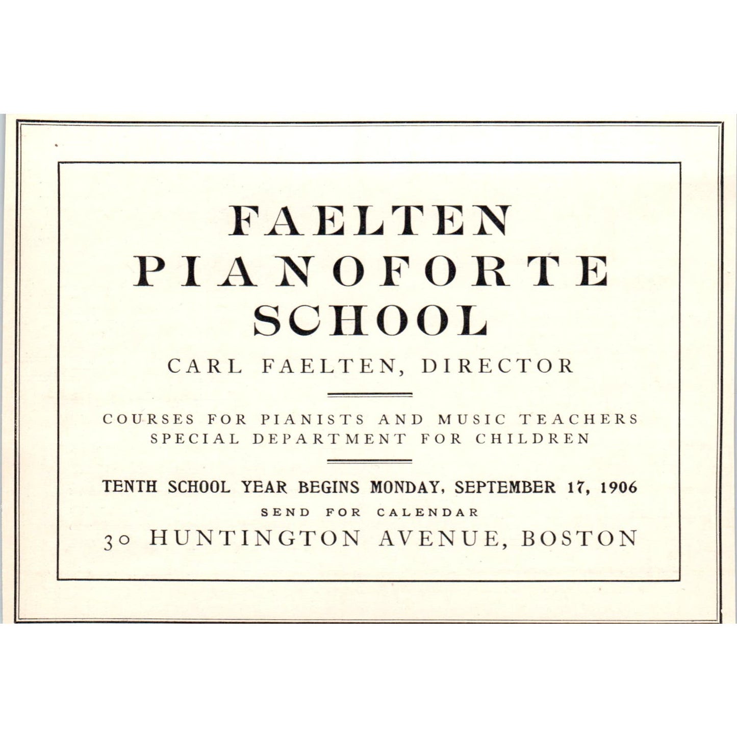 1906 Carl Faelten Pianoforte School Boston Victorian Ad AE9-MA2