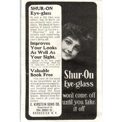 Shur-On Eyeglasses E. Kirstein Sons Co NY c1905 Original Advertisement AE7-A3