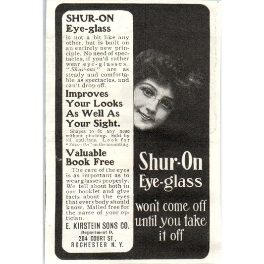 Shur-On Eyeglasses E. Kirstein Sons Co NY c1905 Original Advertisement AE7-A3