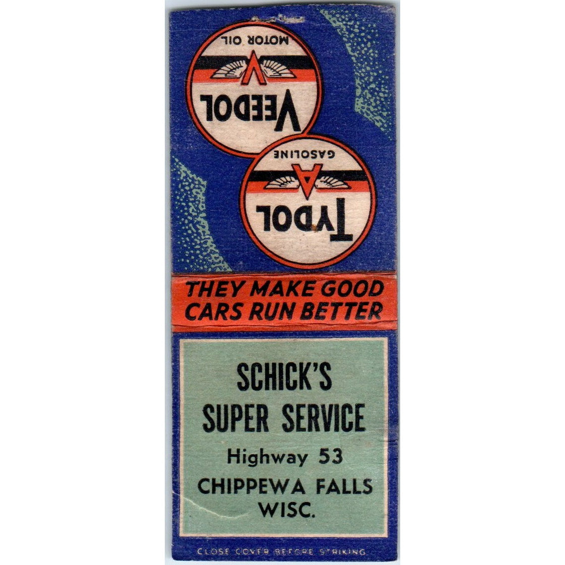 Schick's Super Service Chippewa Falls WI Tydol Vintage Matchbook Cover SD4-Y14