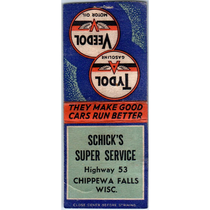Schick's Super Service Chippewa Falls WI Tydol Vintage Matchbook Cover SD4-Y14