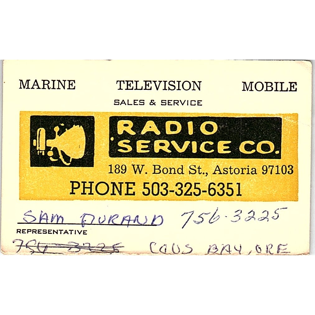 Radio Service Co. Sam Durand Astoria OR Vintage Business Card SSB4-B12