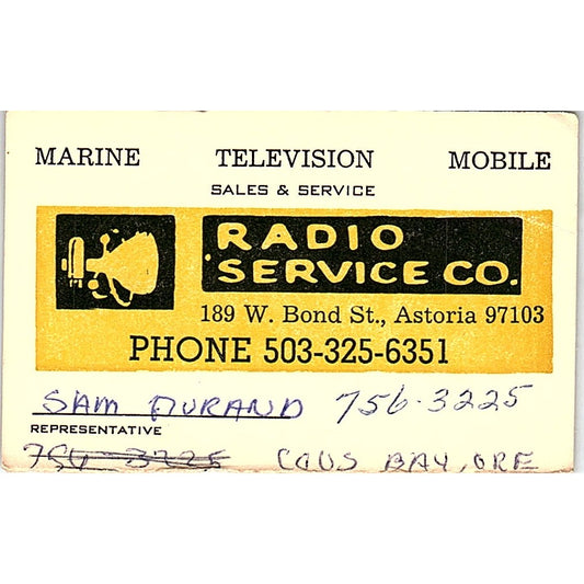 Radio Service Co. Sam Durand Astoria OR Vintage Business Card SSB4-B12