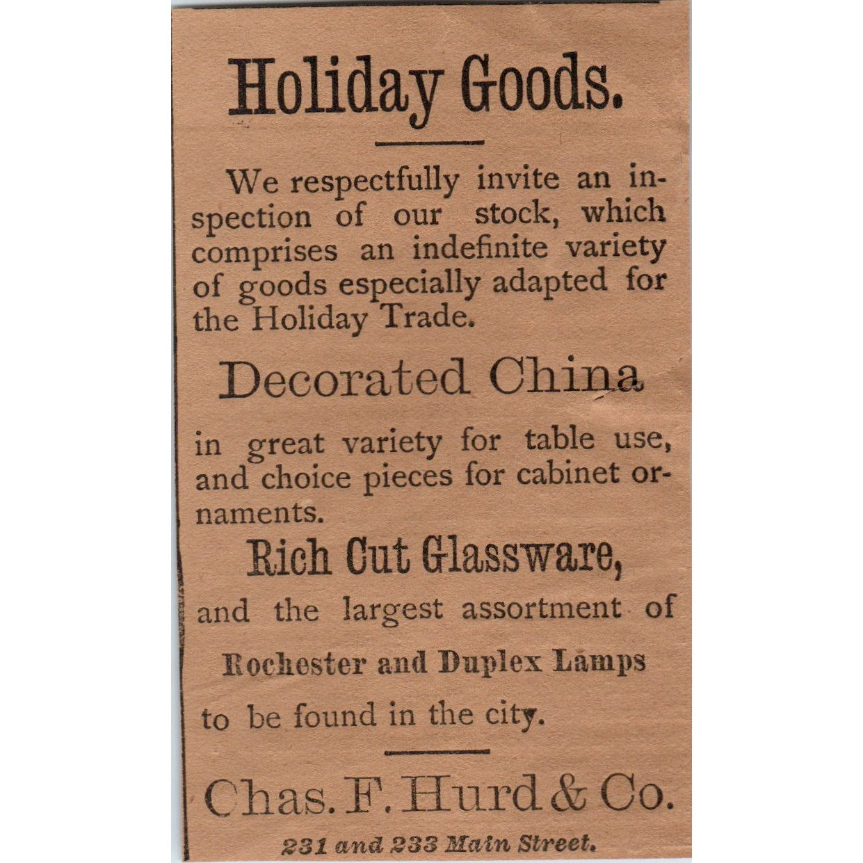 Chas. F. Hurd & Co Dry Goods Main St. 1886 Hartford CT Victorian Ad AB8-HT1