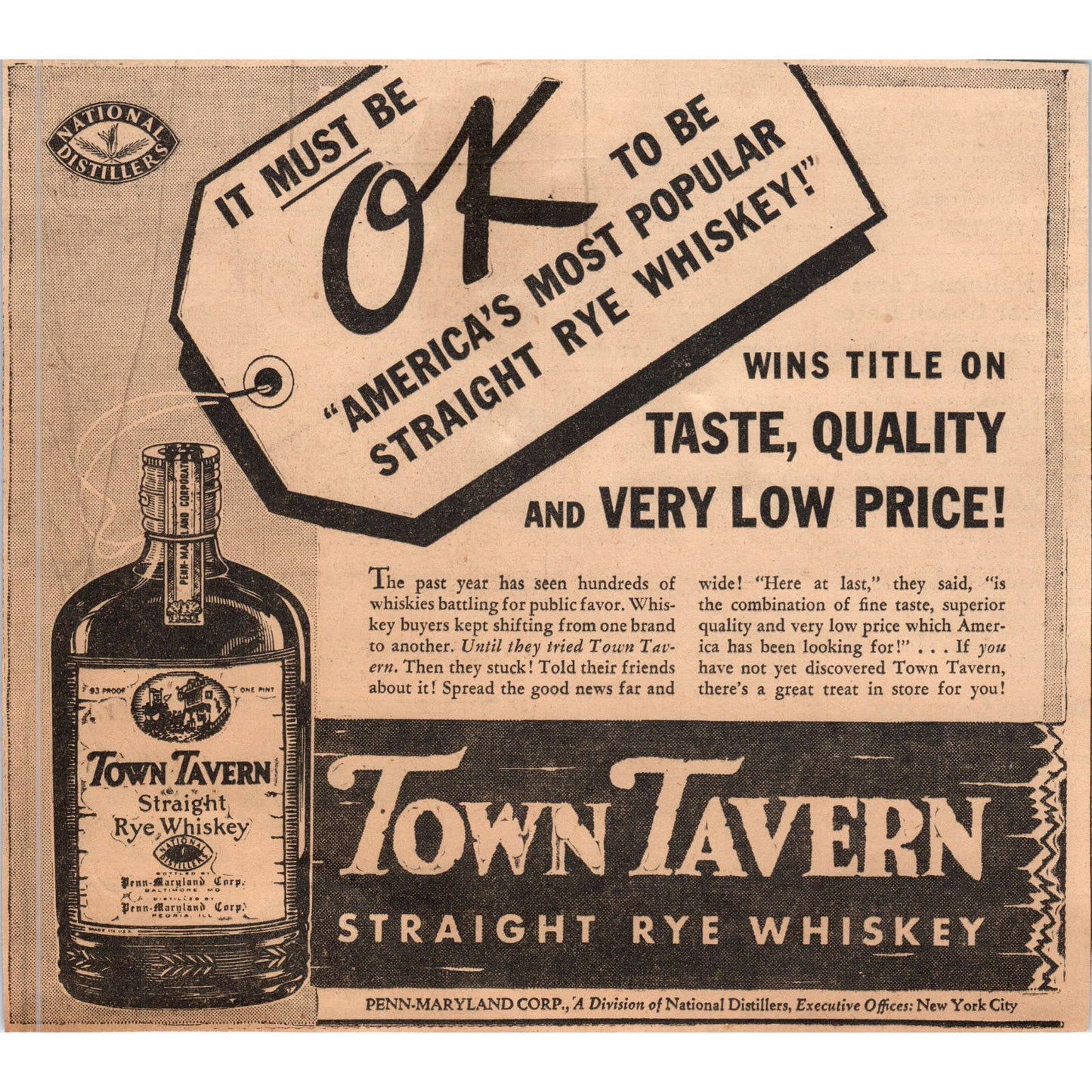 Town Tavern Straight Rye Whiskey 7" 1935 Minneapolis Journal Advertisement D10