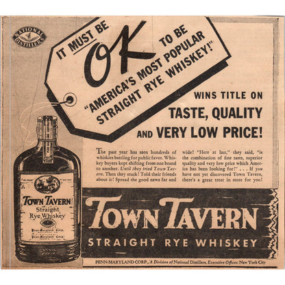 Town Tavern Straight Rye Whiskey 7" 1935 Minneapolis Journal Advertisement D10