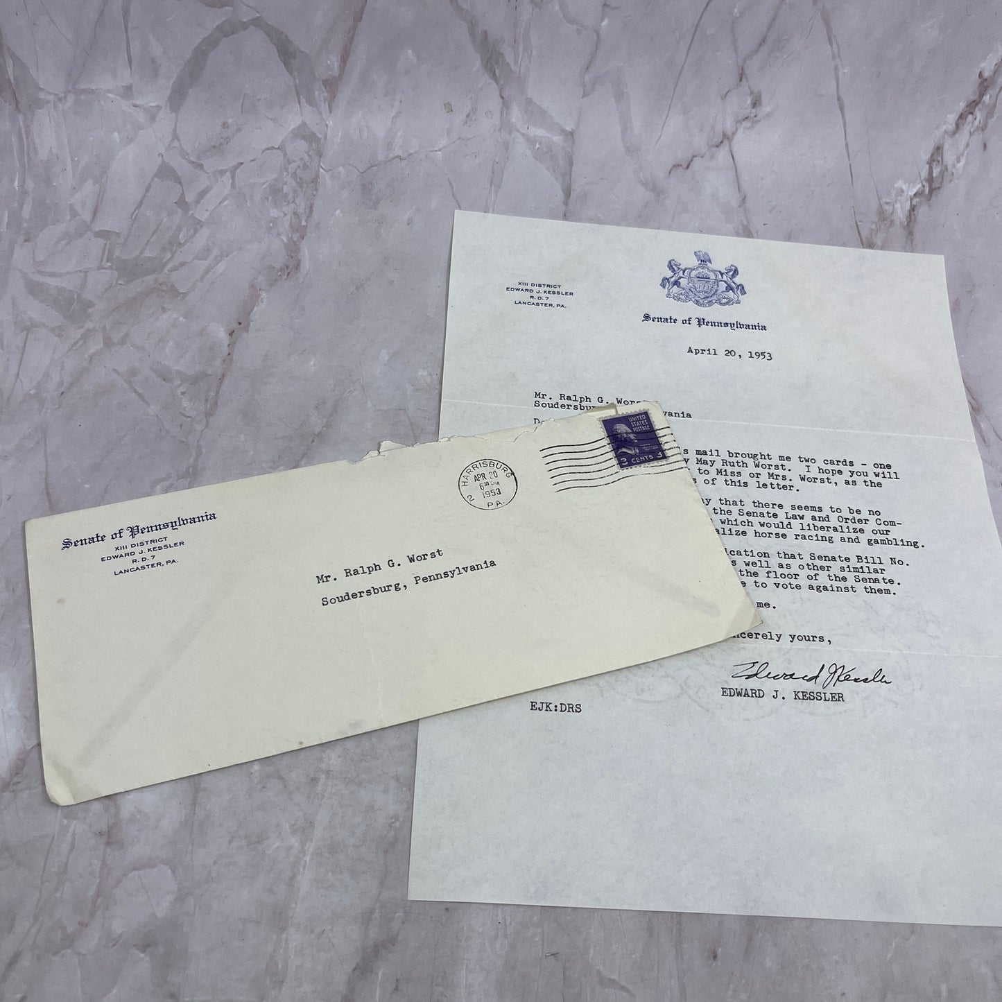 1953 Edward J. Kessler Pennsylvania Senate Letter Ralph Worst Soudersburg TJ5-E1