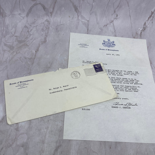 1953 Edward J. Kessler Pennsylvania Senate Letter Ralph Worst Soudersburg TJ5-E1