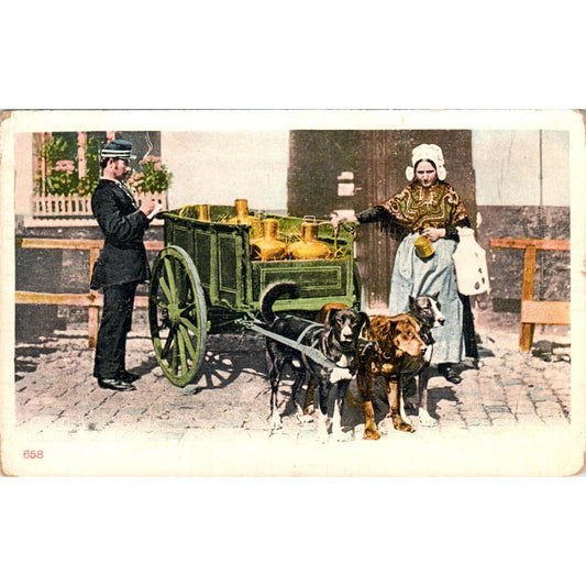 Dogs Pulling Cart Flemish Milkmaid Belgium c1900 Postcard PD2