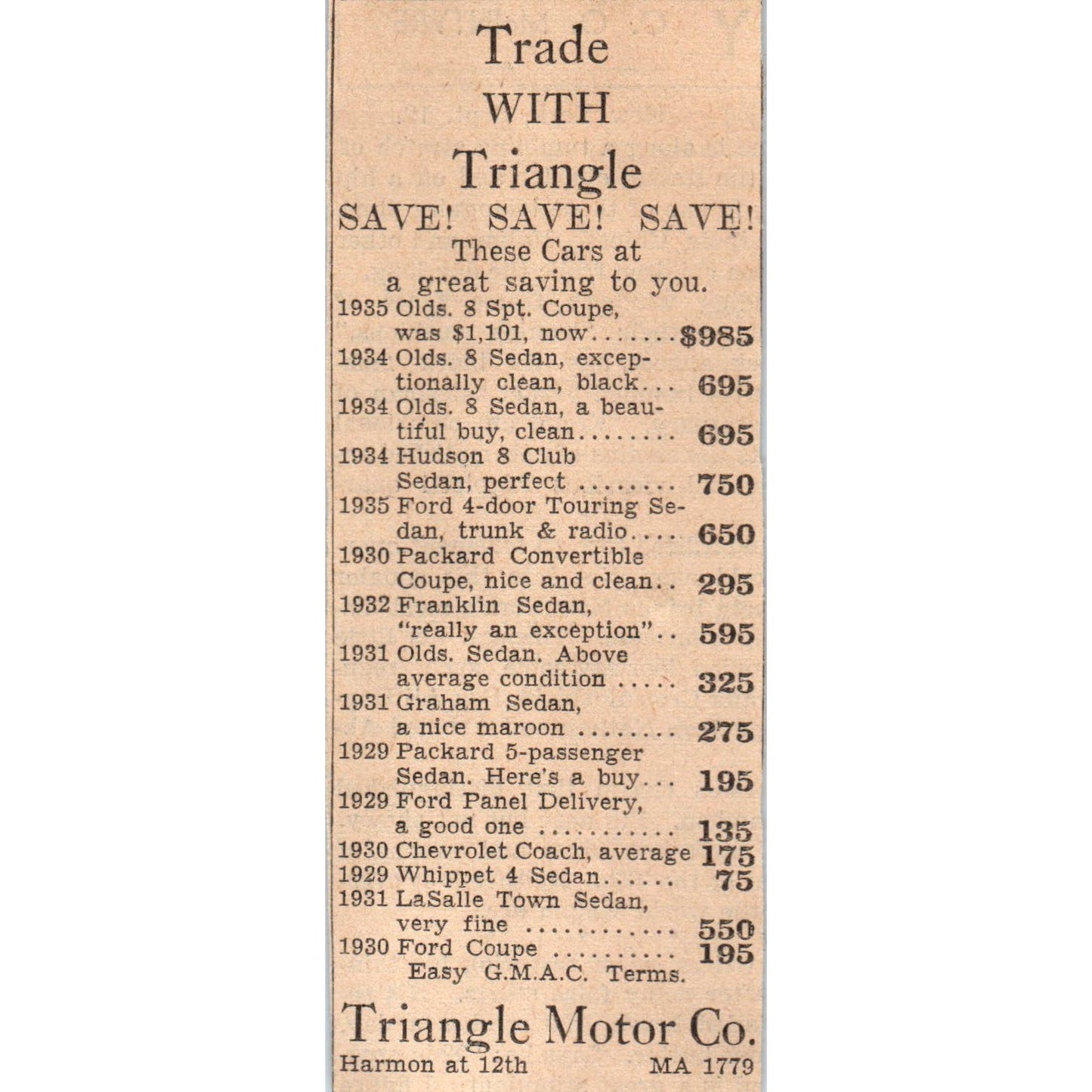 Triangle Motor Co Car Sales 2x5" 1935 Minneapolis Journal Advertisement AE7-N1