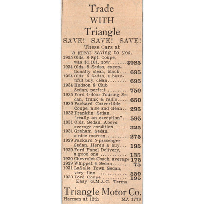 Triangle Motor Co Car Sales 2x5" 1935 Minneapolis Journal Advertisement AE7-N1