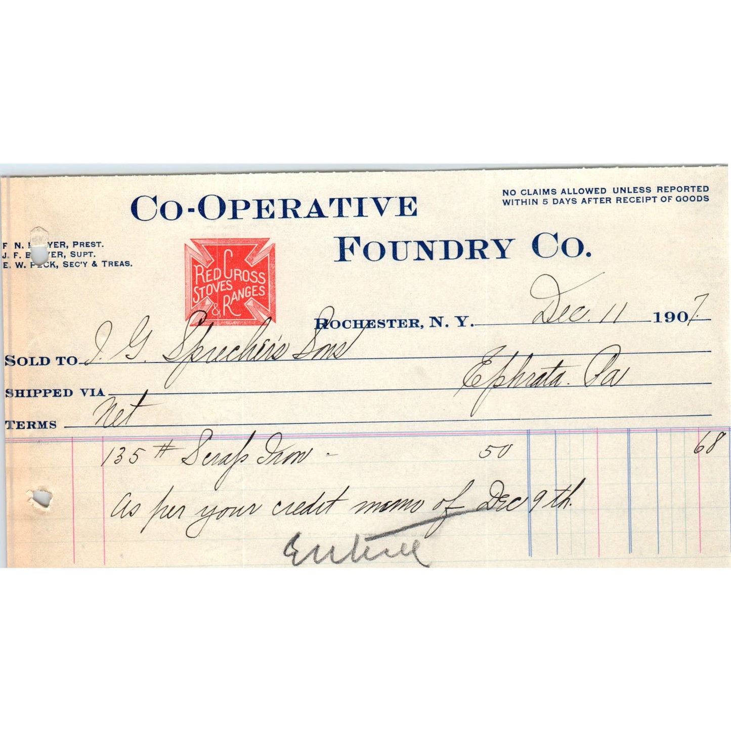 1907 Co-Operative Foundry Co Rochester NY Letterhead Billhead Receipt D11