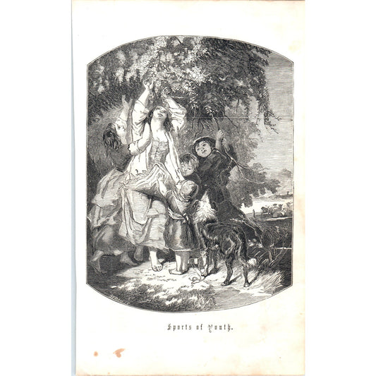 Sports of Youth - Children & Dog Picking Fruit 1857 Original Art Engraving D19-4