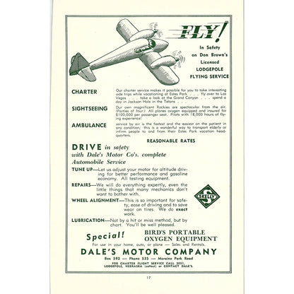 Dale's Motor Company Don Brown's Flying Service 1957 Estes Park CO Ad AG4-1