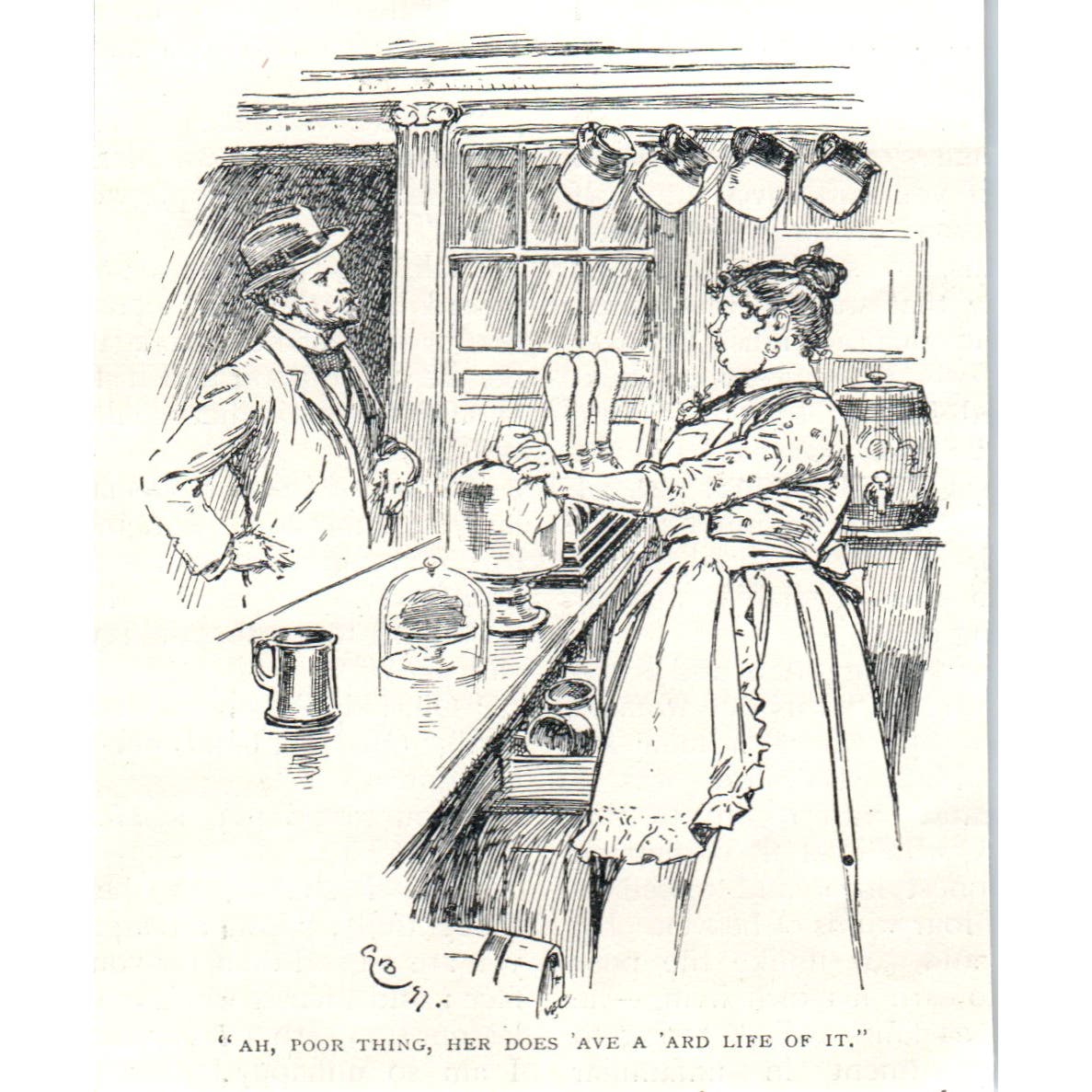 Victorian Woman Bartender and Man in Hat 1897 Victorian Illustration AE9-TS8