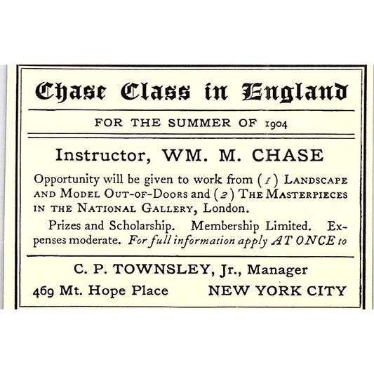 Wm. M. Chase Class in England C.P. Townsley NYC - 1904 Ad AF5-2