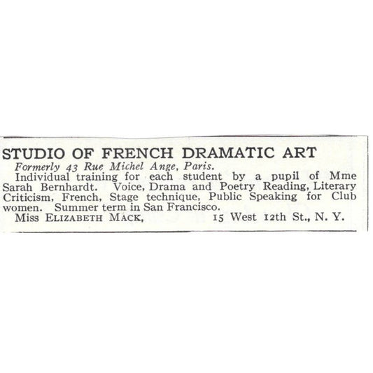 Studio of French Dramatic Art Elizabeth Mack NY c1918 Advertisement AE5-SA8