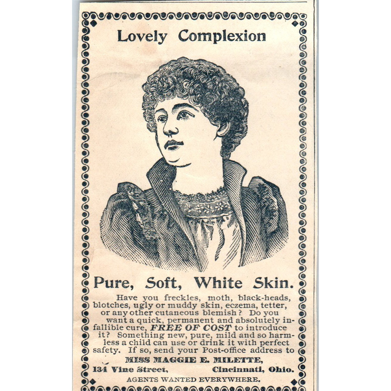 Lovely Complexion Miss Maggie E. Milette Cincinnati OH 1894 Ad AB6-SL1